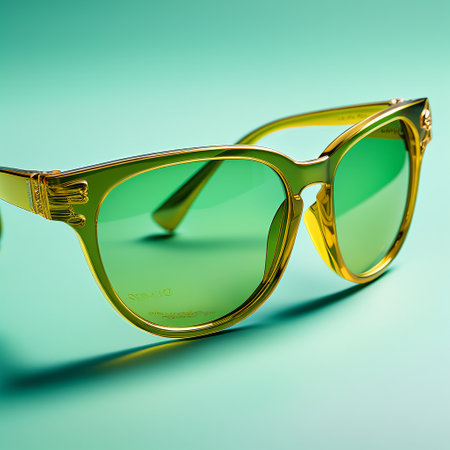 Sunglasses in an iron frame with green glass on a blue backgroundの素材