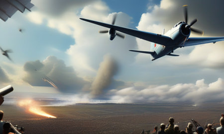 Military aircraft flying in the sky. 3d rendering. 3d illustration.の素材