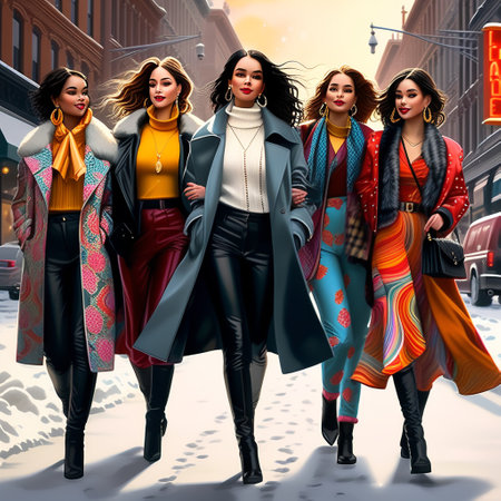 Fashionable women in stylish clothes walking in the city. 3D rendering.の素材