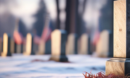 Gravestones in a cemetery in winter. Blurred background.の素材