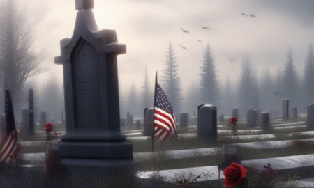 Graveyard with American flag in foggy day. 3d renderingの素材