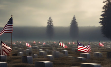 American flag on cemetery with trees in fog, 3d render illustrationの素材