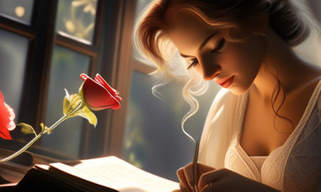 Beautiful young woman reading a book at the window with a roseの素材