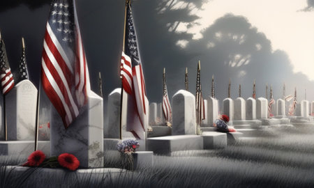 Gravestones with flags of the United States, 3d renderの素材