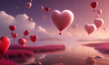 Valentine's day background with heart shaped balloons floating in the skyの素材