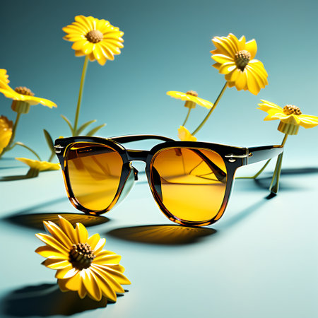 Sunglasses and yellow daisies on blue background with reflectionの素材