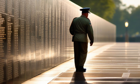 Man in military uniform looking at the world war II memorial in Washington DCの素材