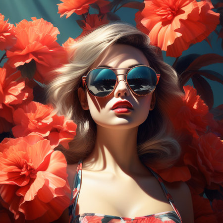 fashion studio portrait of beautiful young woman with blond hair in sunglasses and red flowersの素材