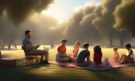 3D rendering of a group of people enjoying a picnic in a parkの素材