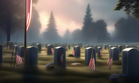 Graves in the cemetery with American flag in the fog. 3d renderの素材