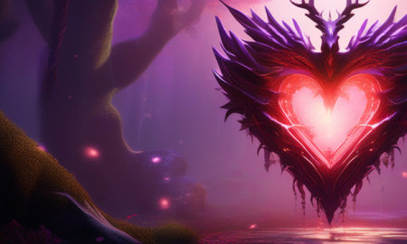 3D illustration of a fantasy alien landscape with a heart and a dragonの素材