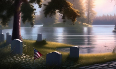 American Flag on a grave in a cemetery at sunset. 3d renderingの素材