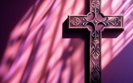 Wooden cross on a purple background. Close-up. Copy space.の素材