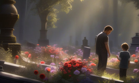 Mother and son looking at the grave at the cemetery in the fogの素材