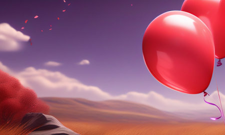 Red balloons flying in the desert. 3D illustration. Copy space.の素材