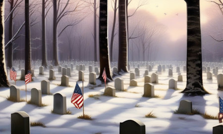 Tombstones with american flags in the cemetery during a snowfallの素材