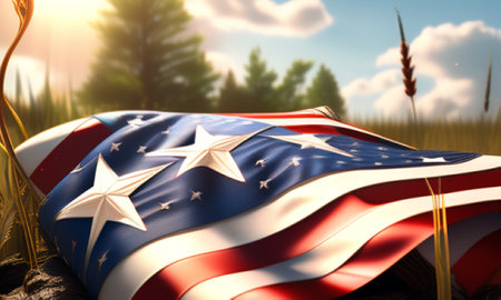 American flag with wheat field in background. 3d render illustration.の素材