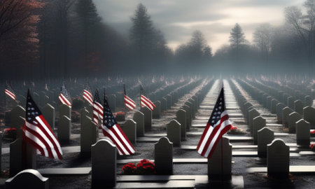 3D rendering of a cemetery with American flags in a foggy dayの素材