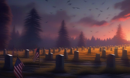 3d render of cemetery with American flag and flying birds at sunsetの素材