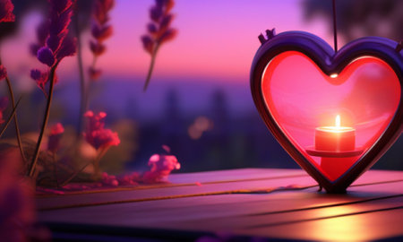 Romantic Valentine's Day background with heart and candle. 3d renderingの素材