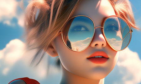 3D illustration of a beautiful girl in sunglasses with a dreamy lookの素材