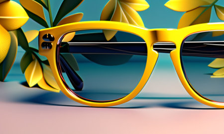 Sunglasses with yellow leaves on a blue background. 3d renderingの素材