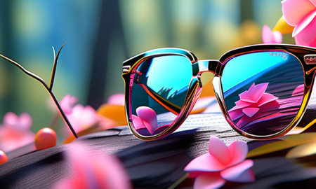 Sunglasses with heart shaped flower petals on a black backgroundの素材
