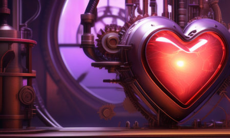 Red heart with a symbol of love on the background of the mechanismの素材
