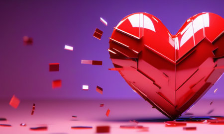 Red heart with flying confetti on purple background. 3d renderingの素材