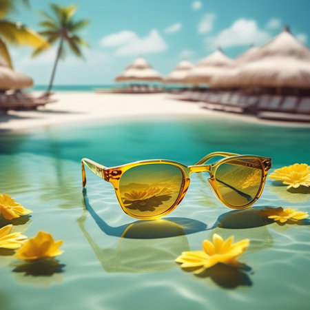 Sunglasses on tropical beach at Maldives. Summer vacation conceptの素材