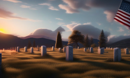 Gravestones and trees in the cemetery at sunset. 3d renderの素材