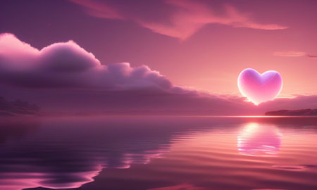 Romantic sunset with heart and reflection on water, 3d illustrationの素材