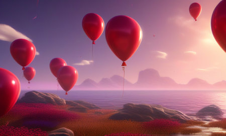 Red balloons flying in the sky over the sea. 3d renderの素材