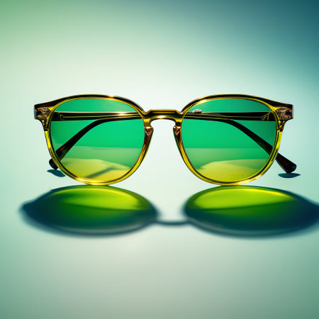 Sunglasses in an iron frame with green lenses on a blue backgroundの素材