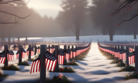 American flags on grave markers in a cemetery during a cold winter morningの素材