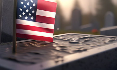 American flag on grave in cemetery. 3d render illustration. Memorial day conceptの素材