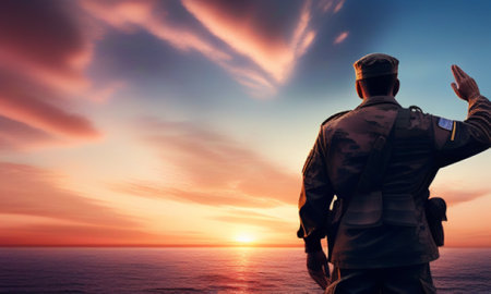 A man with a backpack on the background of the sea and sunset.の素材