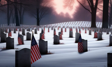 Graves in a cemetery at night with American flag on it.の素材