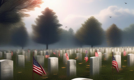 American cemetery at sunset, 3d render. American flag on the graveの素材