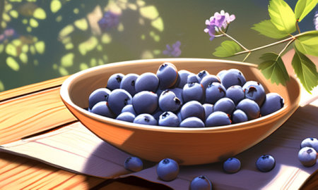 Blueberries in a bowl on a wooden table. 3d renderの素材