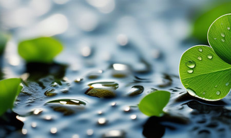 Green clover leaf with water drops on rippled water surfaceの素材