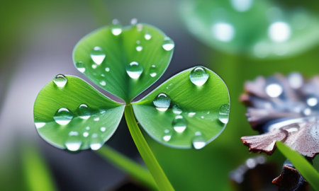 Water droplets on a green clover leaf with a blurred backgroundの素材