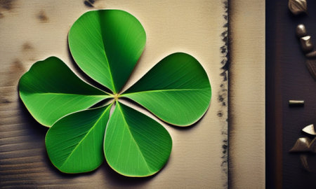 Green leaf of clover on wooden background. St.Patrick's Dayの素材