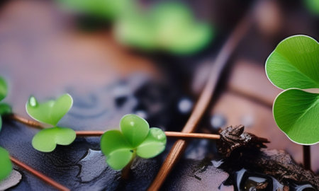 Green clover leaves on black stone background. St.Patrick's Dayの素材