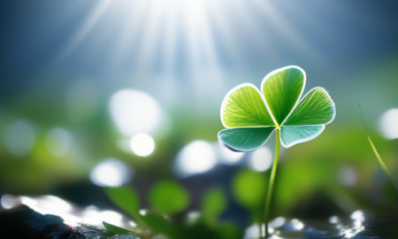 Clover leaf with sunbeams and bokeh background.の素材