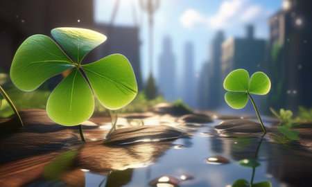 Green clover leaves in the water. 3d render illustration.の素材