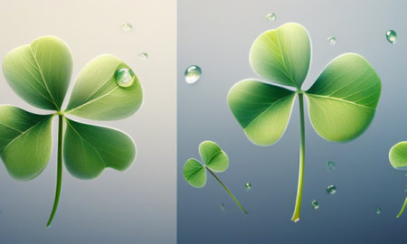 Green clover leaves with water drops on blue and gray background.の素材