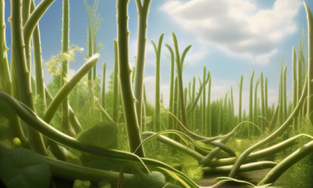 Green cactus in the field under the blue sky with white cloudsの素材