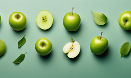 Fresh green apples with leaves on green background. Flat lay, top viewの素材