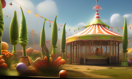 Fantasy carousel in the park. 3d render illustration.の素材